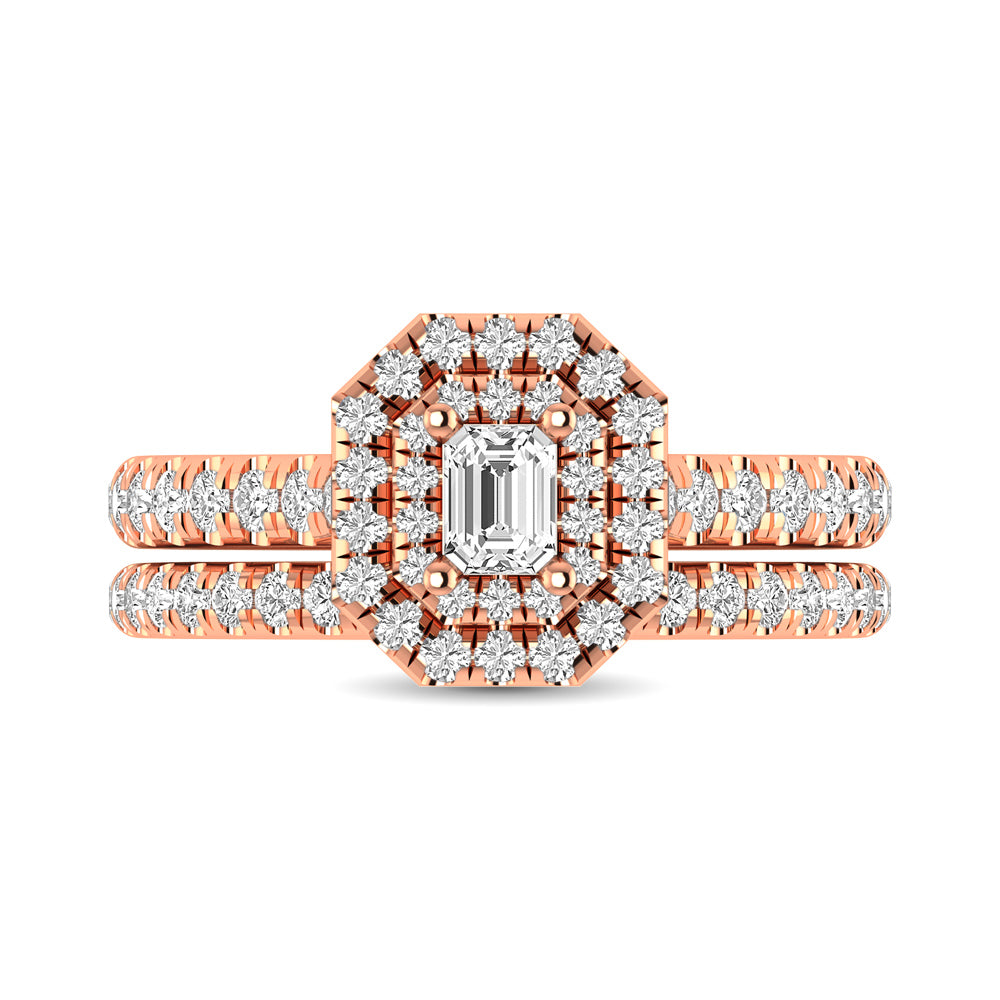 Diamond Classic Shank Double Halo Bridal Ring 1 ct tw Emerald Cut in 14K Rose Gold