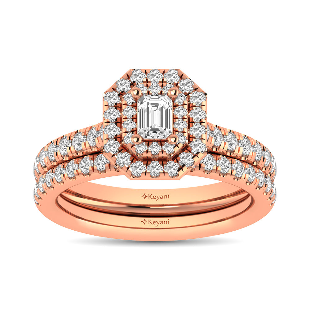 Diamond Classic Shank Double Halo Bridal Ring 1 ct tw Emerald Cut in 14K Rose Gold