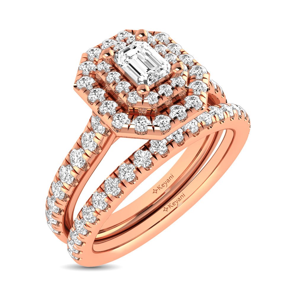Diamond Classic Shank Double Halo Bridal Ring 1 ct tw Emerald Cut in 14K Rose Gold