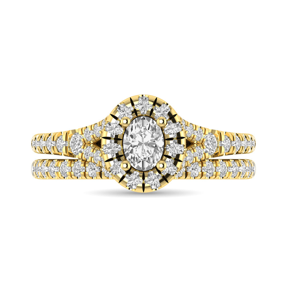 Diamond Split Shank Single Halo Bridal Ring 1 ct tw Oval Cut in 14K Yellow Gold
