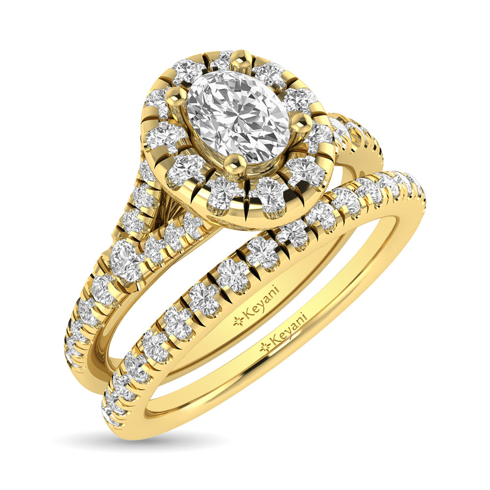 Diamond Split Shank Single Halo Bridal Ring 1 ct tw Oval Cut in 14K Yellow Gold