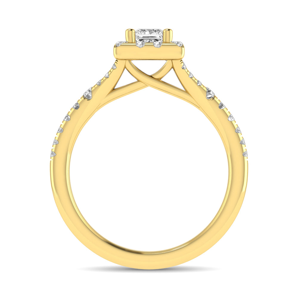 Diamond Split Shank Single Halo Bridal Ring 1 ct tw Princess Cut in 14K Yellow Gold
