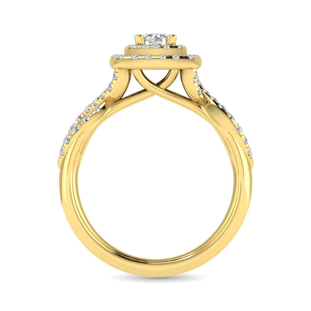 Diamond Twist Shank Double Halo Bridal Ring 3/4 ct tw Round Cut in 14K Yellow Gold
