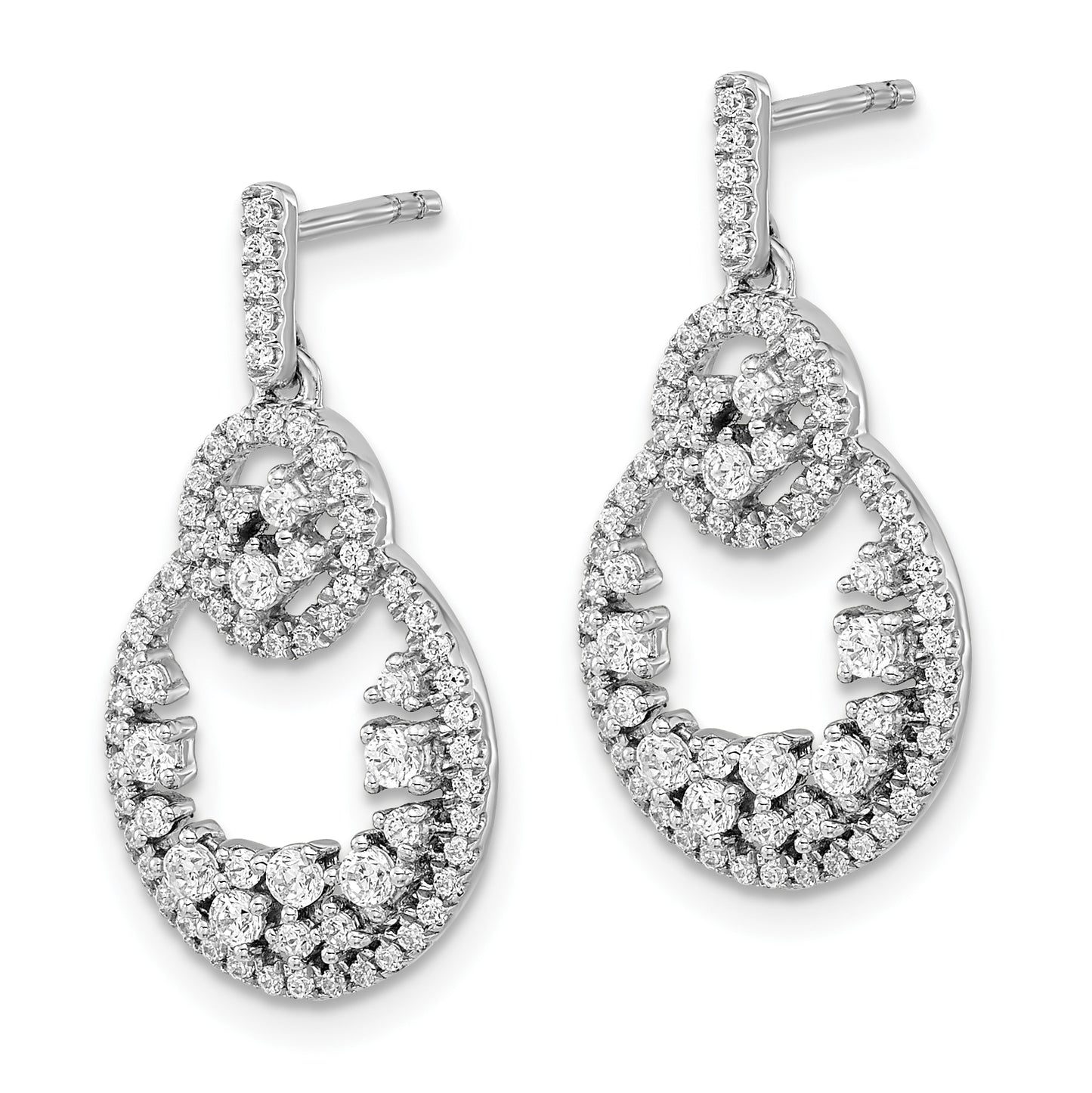 14k White Gold Polished Fancy Oval Dangle Diamond Post Earring