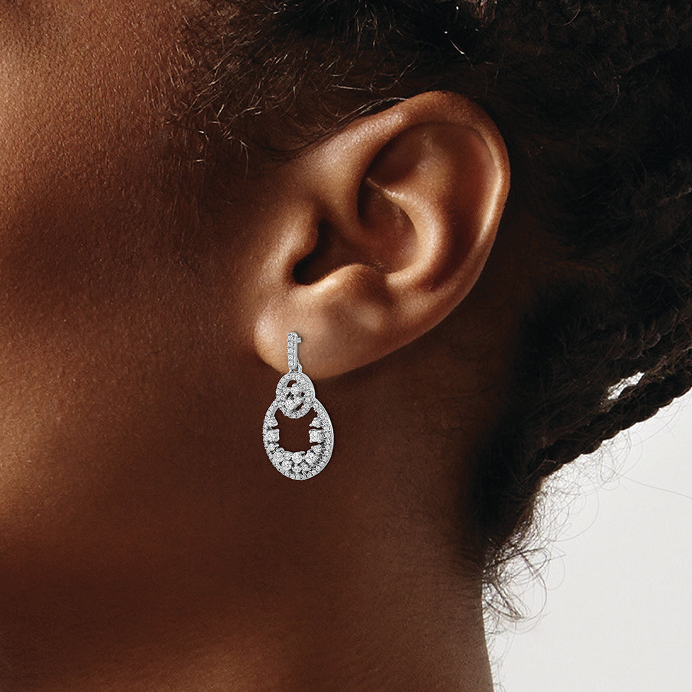 14k White Gold Polished Fancy Oval Dangle Diamond Post Earring