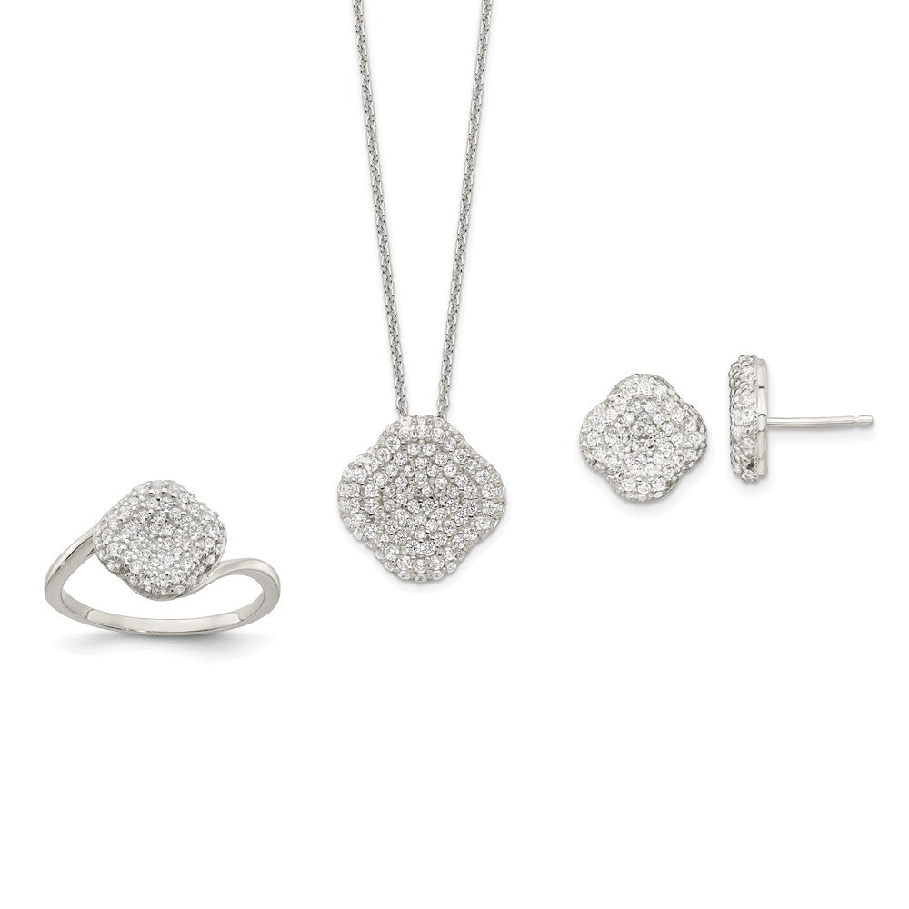 Sterling Silver 16 in w/1.5 in Ext. CZ Square Necklace, Earrings and Rin