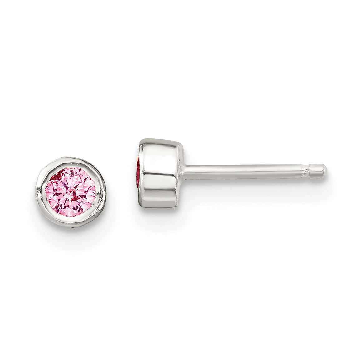 Sterling Silver Kids Bezel Pink CZ Necklace and Post Earrings Set