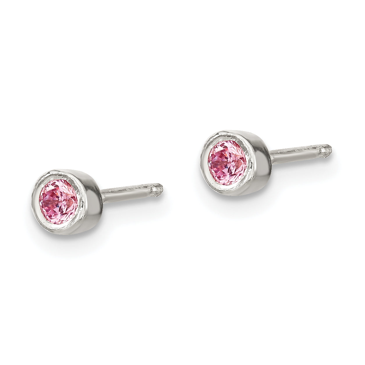Sterling Silver Kids Bezel Pink CZ Necklace and Post Earrings Set