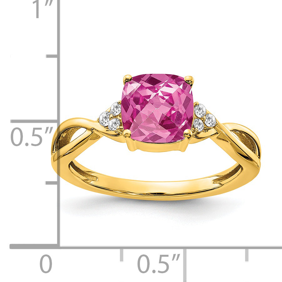 14k Checkerboard Created Pink Sapphire and Diamond Ring