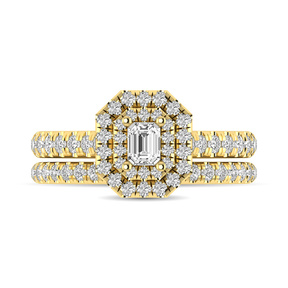 Diamond Classic Shank Double Halo Bridal Ring 1 ct tw Emerald Cut in 14K Yellow Gold