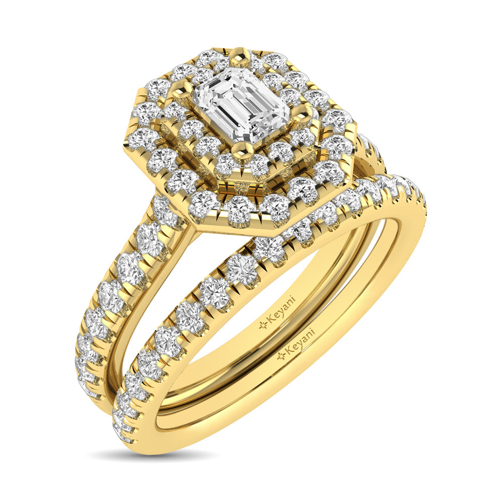Diamond Classic Shank Double Halo Bridal Ring 1 ct tw Emerald Cut in 14K Yellow Gold