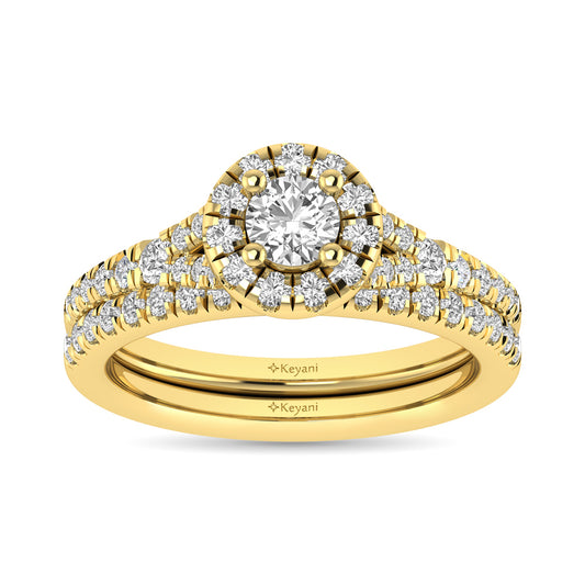Diamond  Split Shank Single Halo Bridal Ring 1 ct tw Round Cut in 14K Yellow Gold