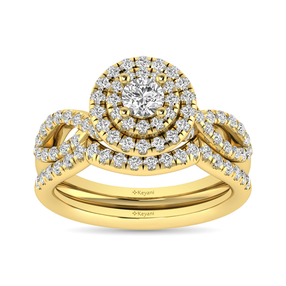 Diamond  Twist Shank Double Halo Bridal Ring 1 ct tw Round Cut in 14K Yellow Gold