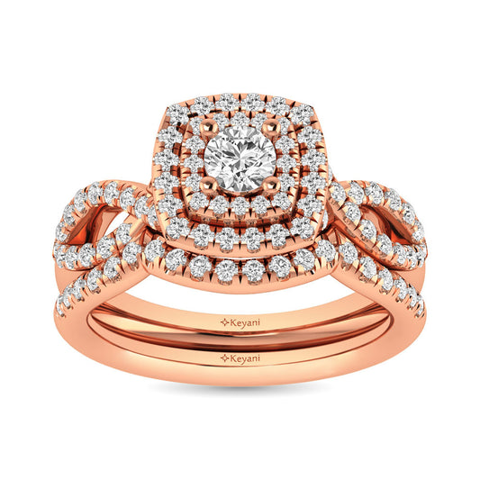 Diamond  Twist Shank Double Halo Bridal Ring 3/4 ct tw Round Cut in 14K Rose Gold