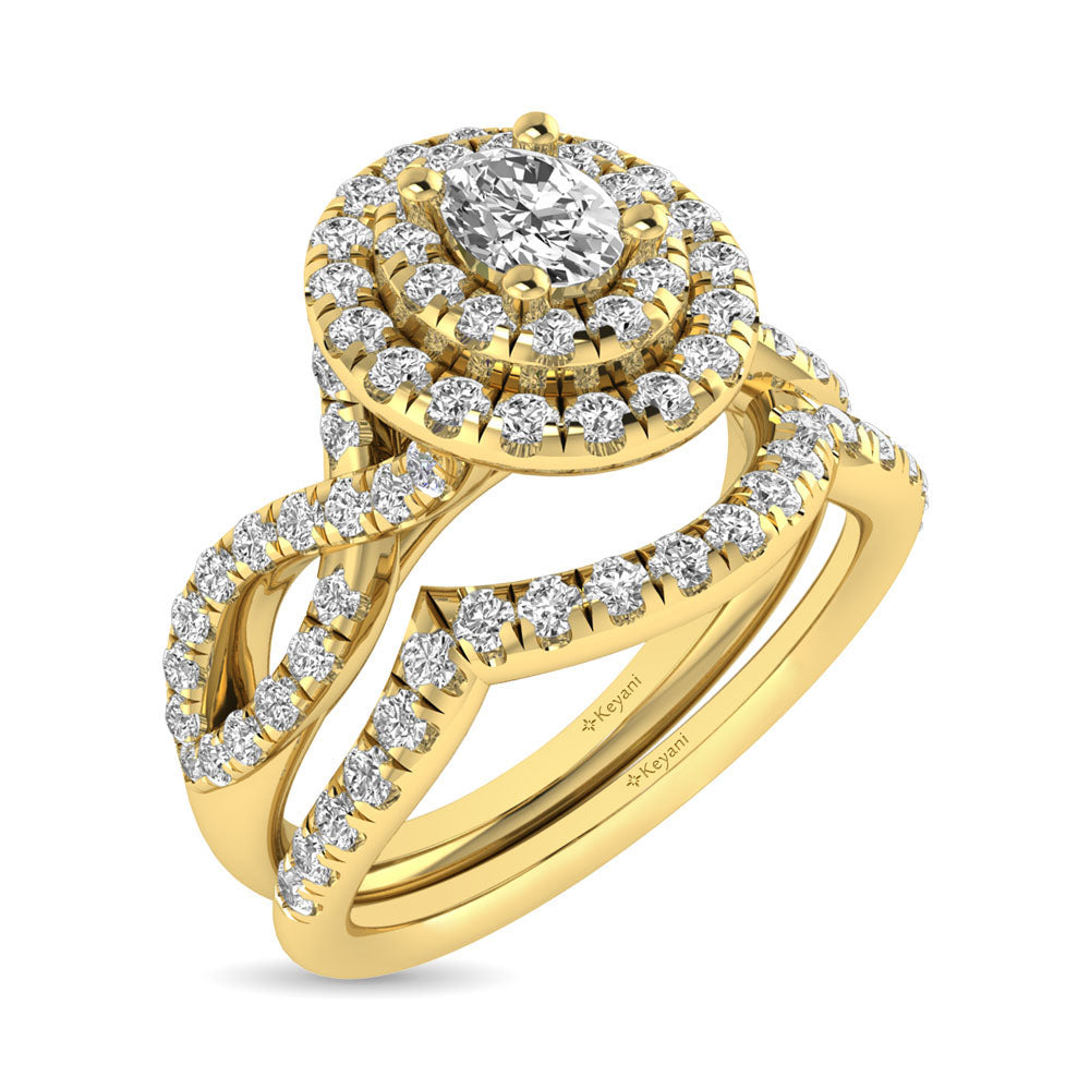 Diamond  Twist Shank Double Halo Bridal Ring 3/4 ct tw Oval Cut in 14K Yellow Gold