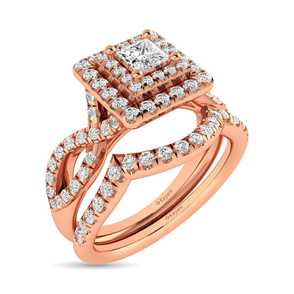 Diamond 1 Ct.Tw. Round and Princess Bridal Ring in 14K Rose Gold