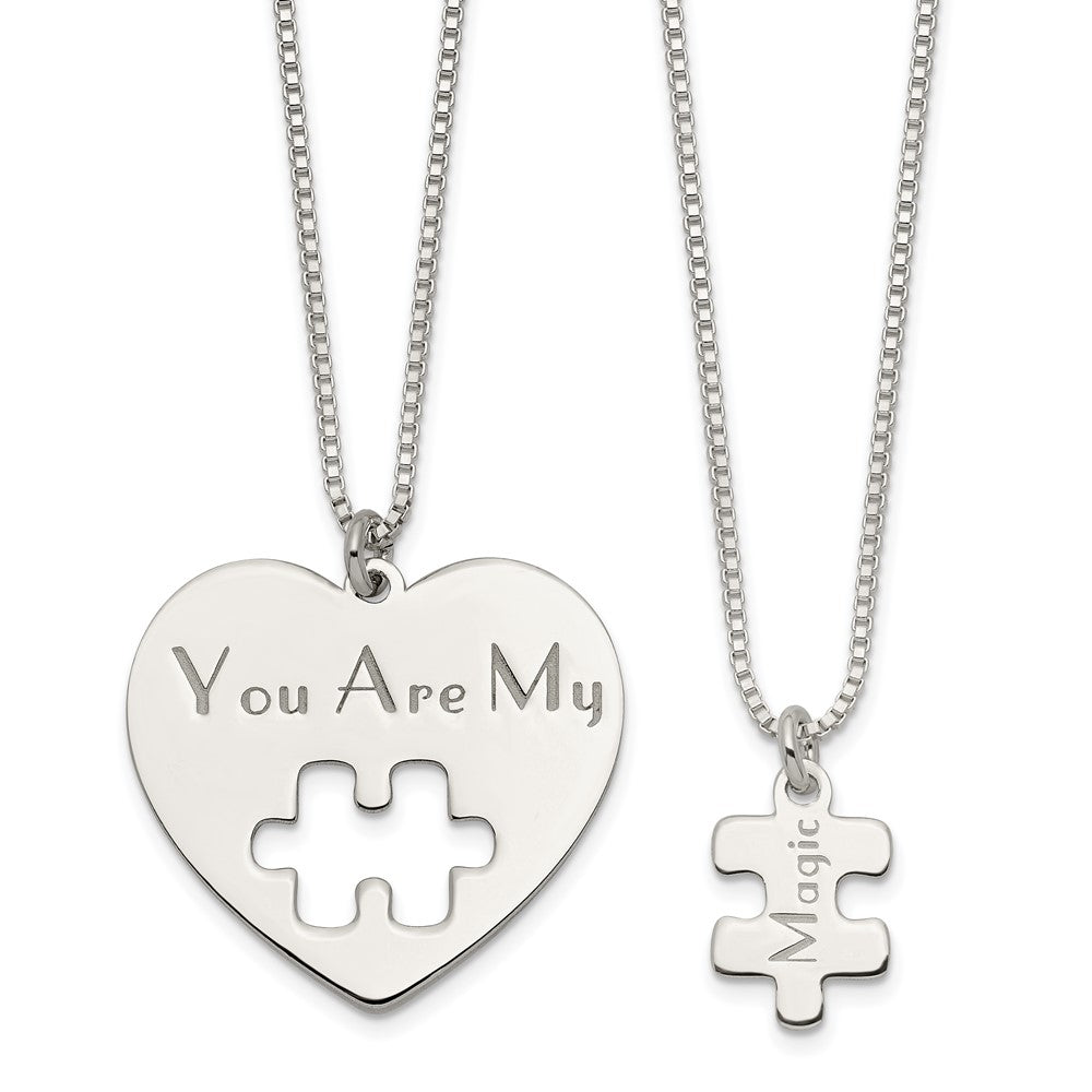 Sterling Silver 16 in Heart Puzzle Necklace and 14 in Magic Necklace Set