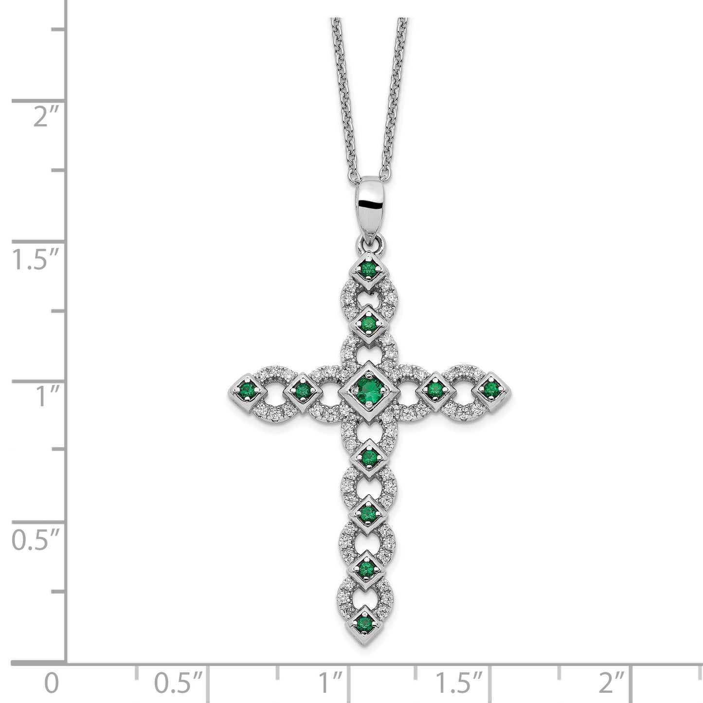 Sterling Silver Rhodium-plated CZ & Green Nano Crystal Cross 18in Necklace