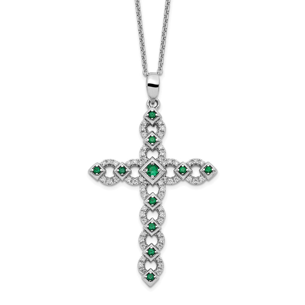 Sterling Silver Rhodium-plated CZ & Green Nano Crystal Cross 18in Necklace