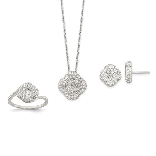 Sterling Silver 16 in w/1.5 in Ext. CZ Square Necklace, Earrings and Rin