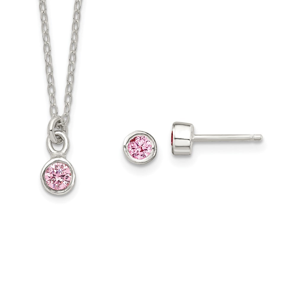 Sterling Silver Kids Bezel Pink CZ Necklace and Post Earrings Set