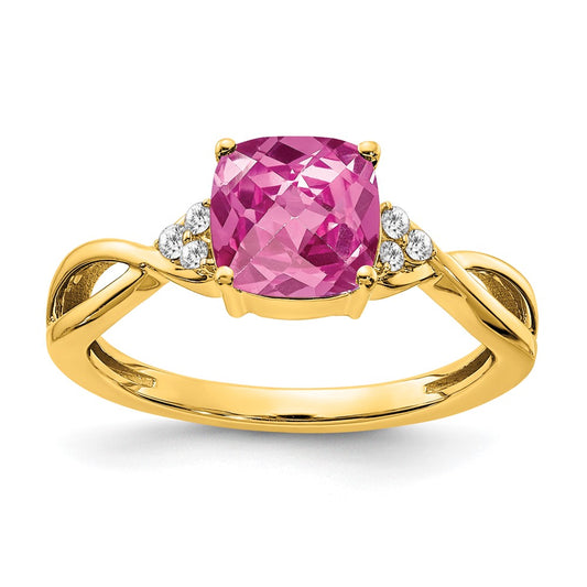 14k Checkerboard Created Pink Sapphire and Diamond Ring