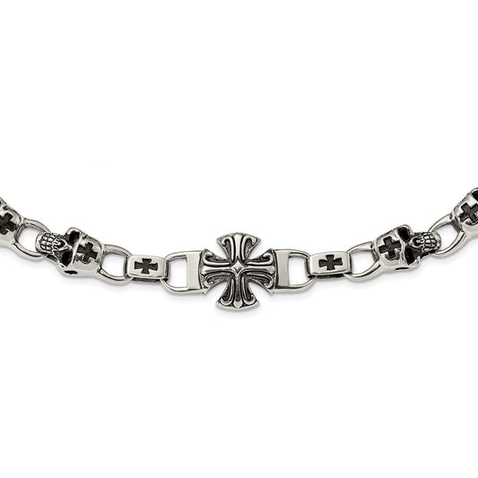 Stainless Steel Antiqued and Polished Skull and Cross 24in Necklace
