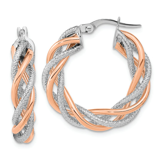 14k White Gold Rose Rhod 5x25mm Textured Twisted Hoop Earrings