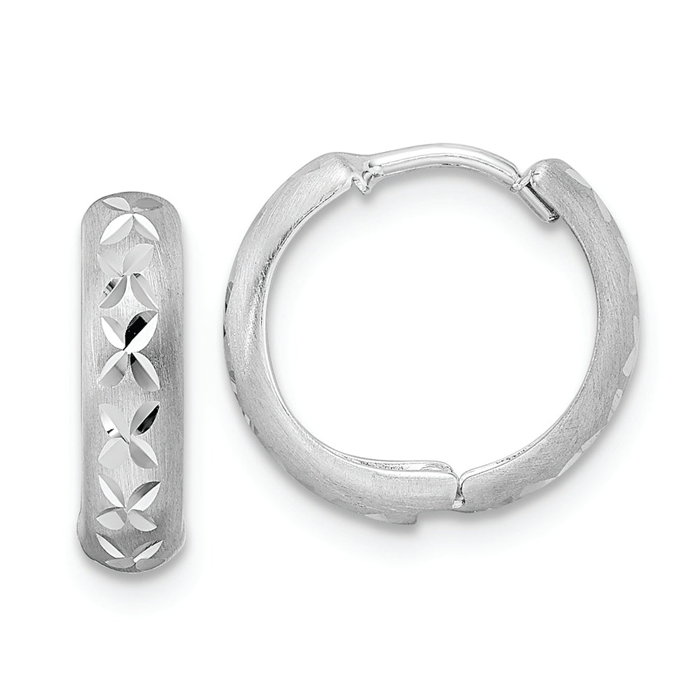 14k White Gold Diamond-cut X Satin 3x13mm Hinged Hoop Earrings